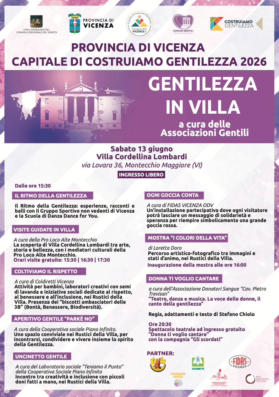 Celebrazioni di Provincia di Vicenza Capitale di Costruiamo Gentilezza 2026 - Appuntamenti Centrali